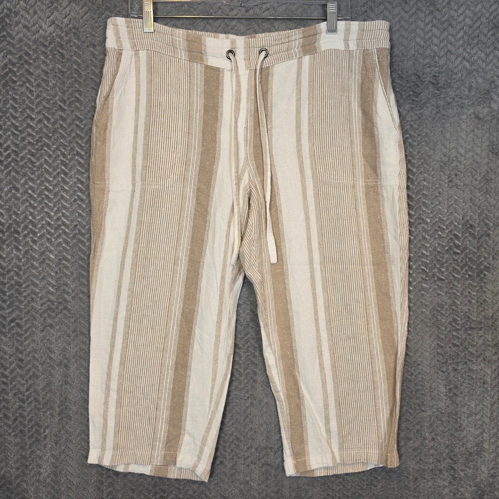 Per Se Womens Tan Cream Striped Linen Blend Cropped Drawstring Pants Size L